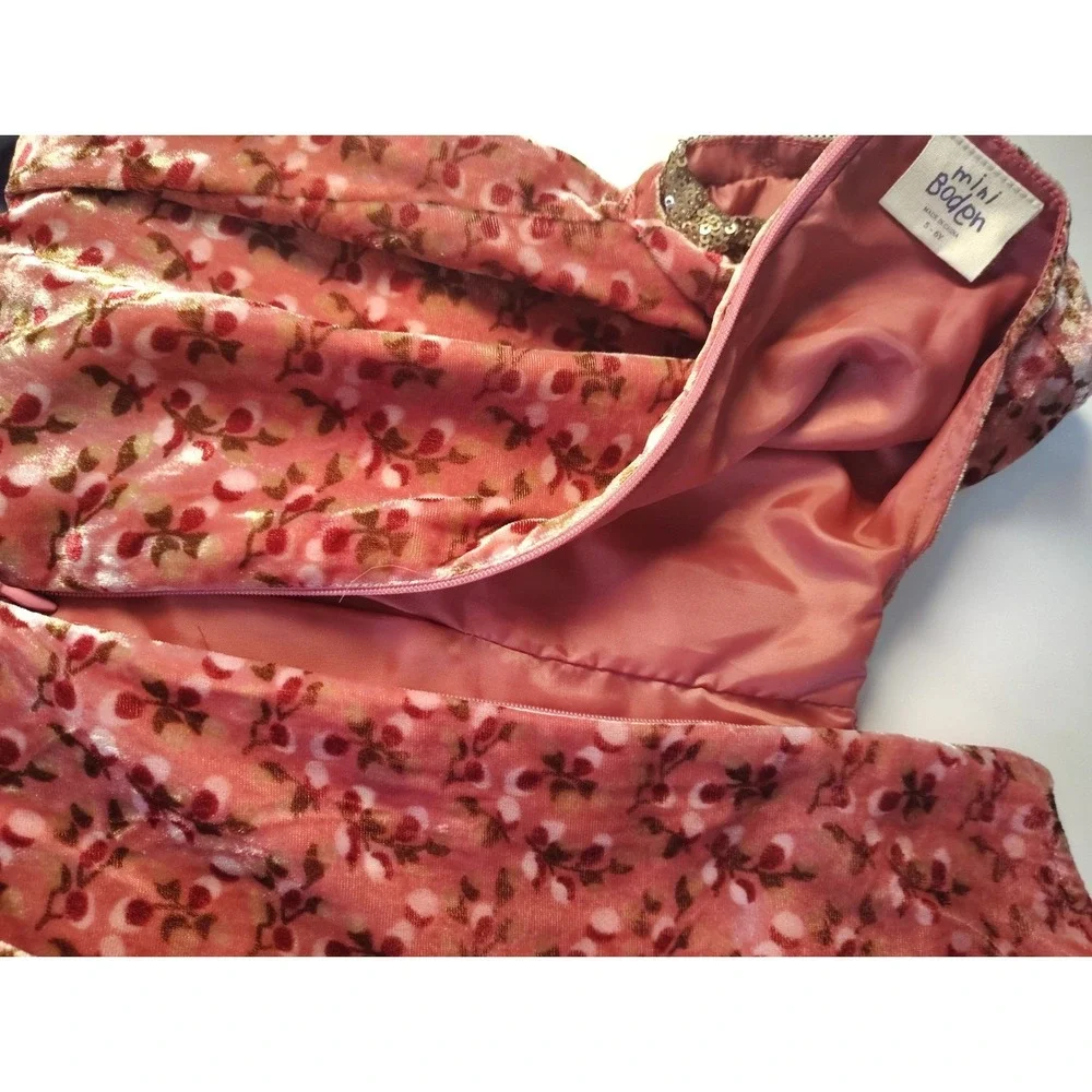 Mini Boden Girls Pink Floral Velvet‎ Sequin Dress Rose Gold Party Holiday 5-6Y